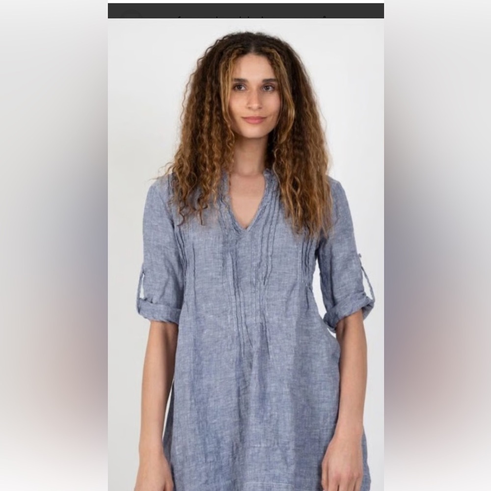 CP Shades medium regina pintuck linen roll tab sleeve chambray Tunic Dress.